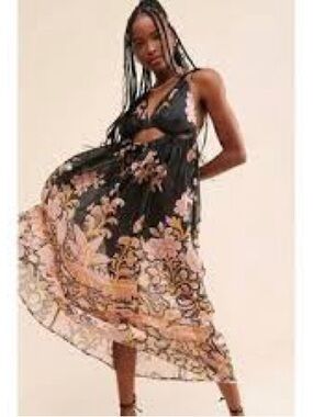Anthropologie Sheer Black Maxi Dress with Pink and Yellow Floral Print